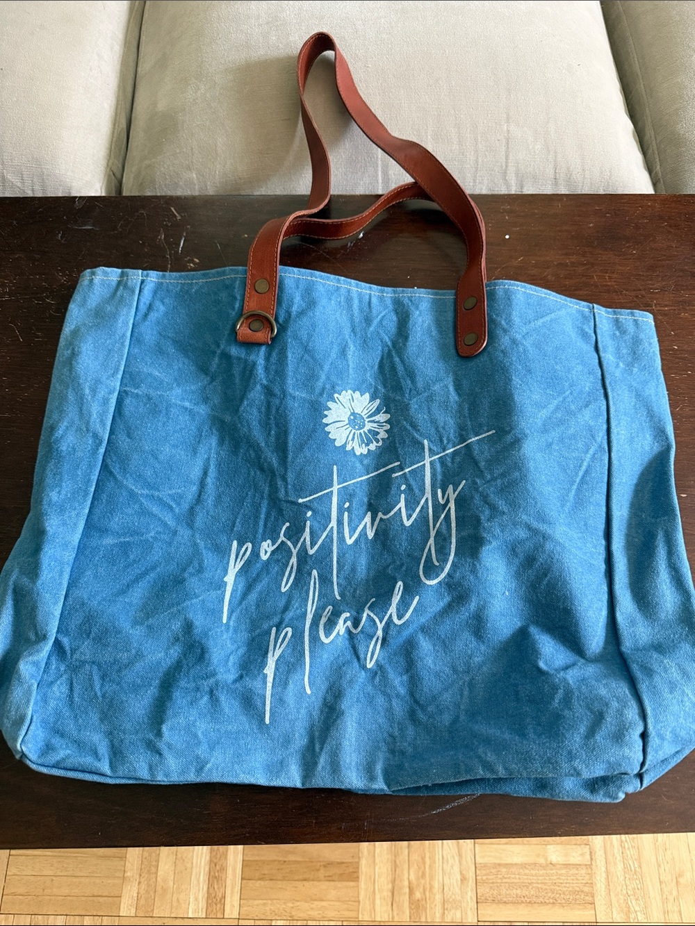 Positivity Please Blue Canvas Tote with Brown Handles